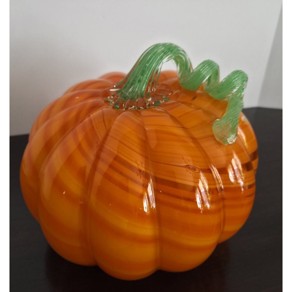 Hand Blown Art Glass Pumpkin Measures 7" High By 8" Wide Orange Green Curly Stem - Picture 5 of 7